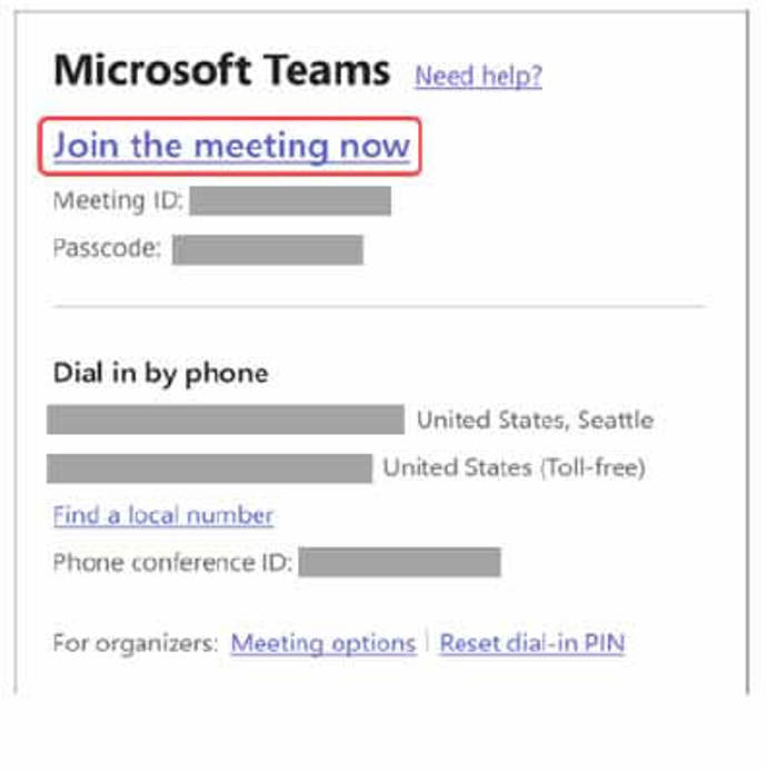 Screen grab from Microsoft Teams showing how to join 