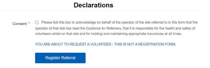 Screen grab from the GoodSAM app showing Declarations for Site Support 