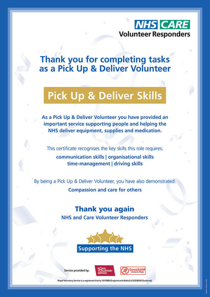 Image of Pick Up and Deliver certificate 