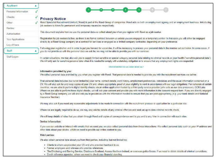 Reed Screening Privacy Policy screen grab