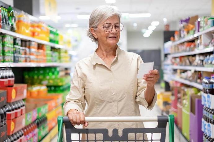 An older woman looking at a short shopping list 