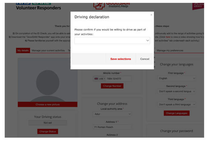 Driving declaration GoodSAM app screen grab 