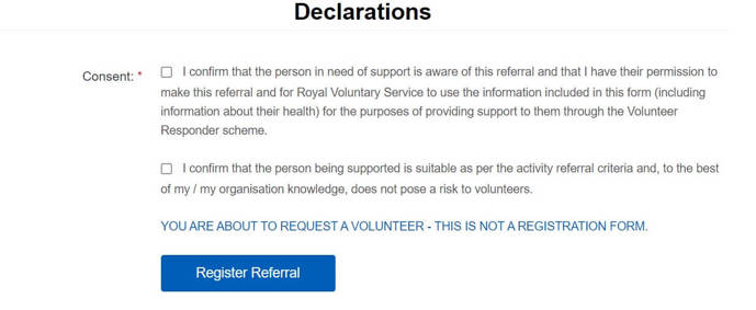 Screen grab from the GoodSAM app showing Declarations for referral for someone who needs support  