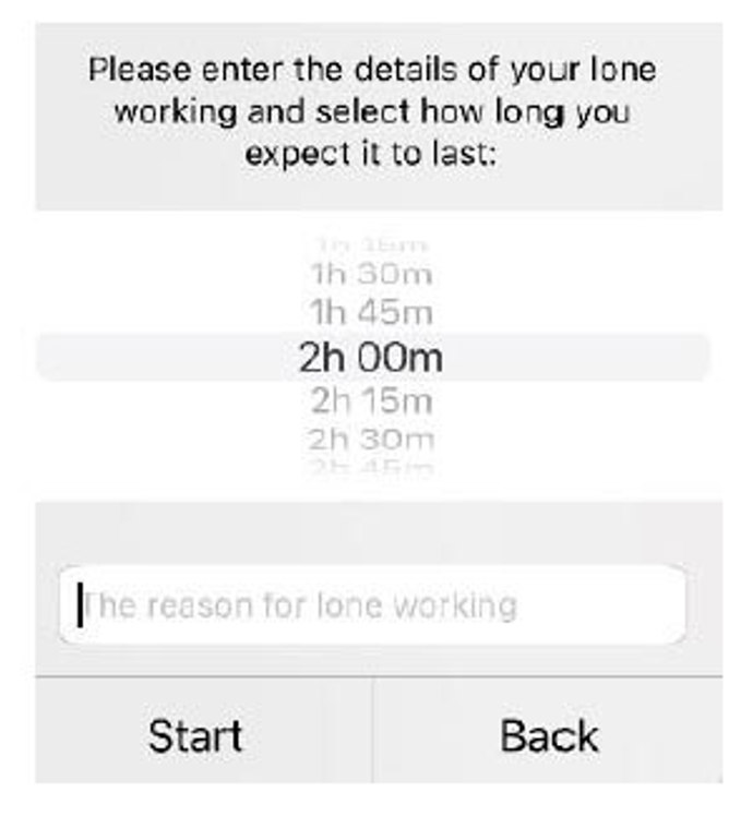Screen grab from the GoodSAM app showing lone working timings