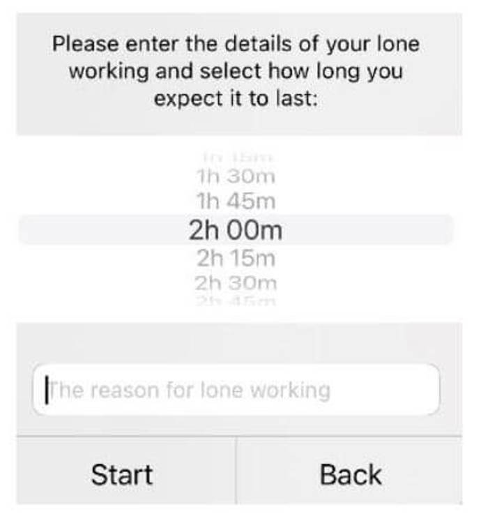 Screen grab from the GoodSAM app showing lone working timings