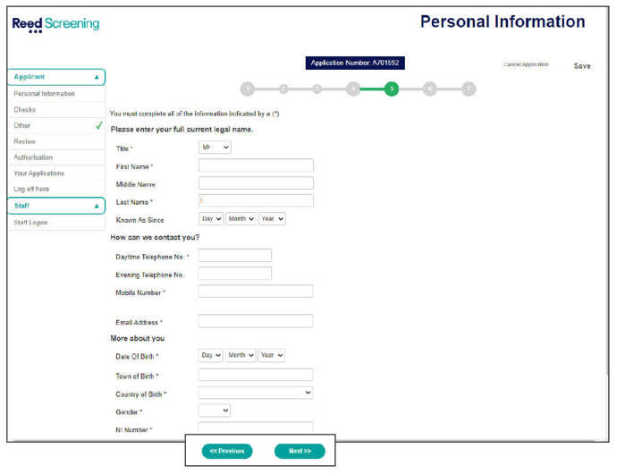 Reed Screening personal information screen grab 