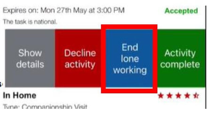 Screen grab from the GoodSAM app showing lone working ending buttons